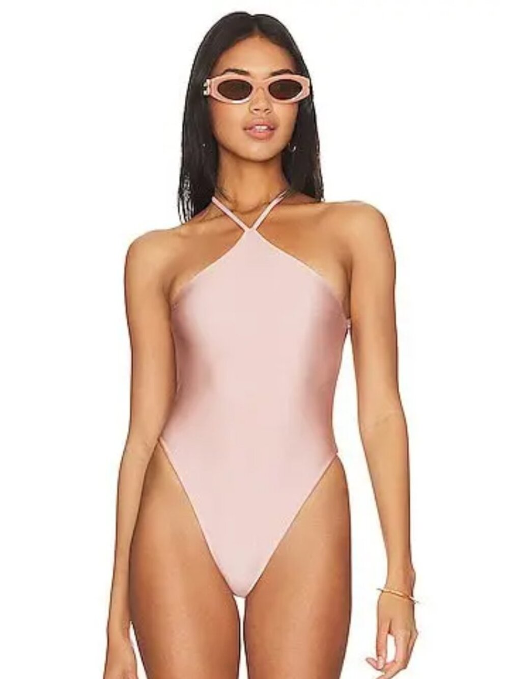 Revolve LPA Bria Dusty Rose Pink Shiny Halter Open Back Scrunch Butt Swimsuit